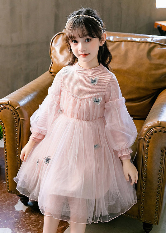 Cute Pink Ruffled Butterfly Patchwork Tulle Kids Girls Dresses Fall