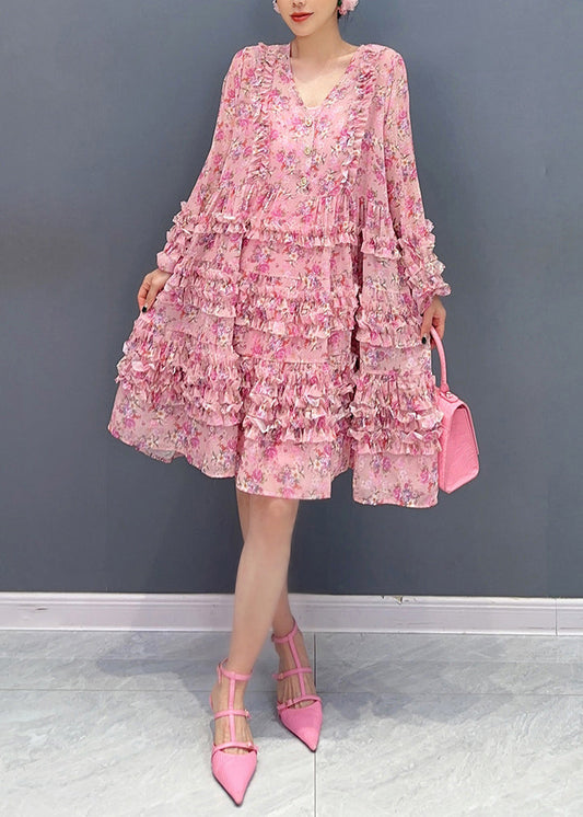 Cute Pink V Neck Ruffled Patchwork Print Chiffon Mid Dress Long Sleeve