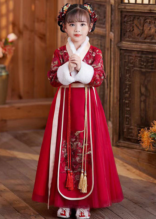 Cute Red Tie Waist Embroidered Patchwork Tulle Kids Maxi Dresses Long Sleeve