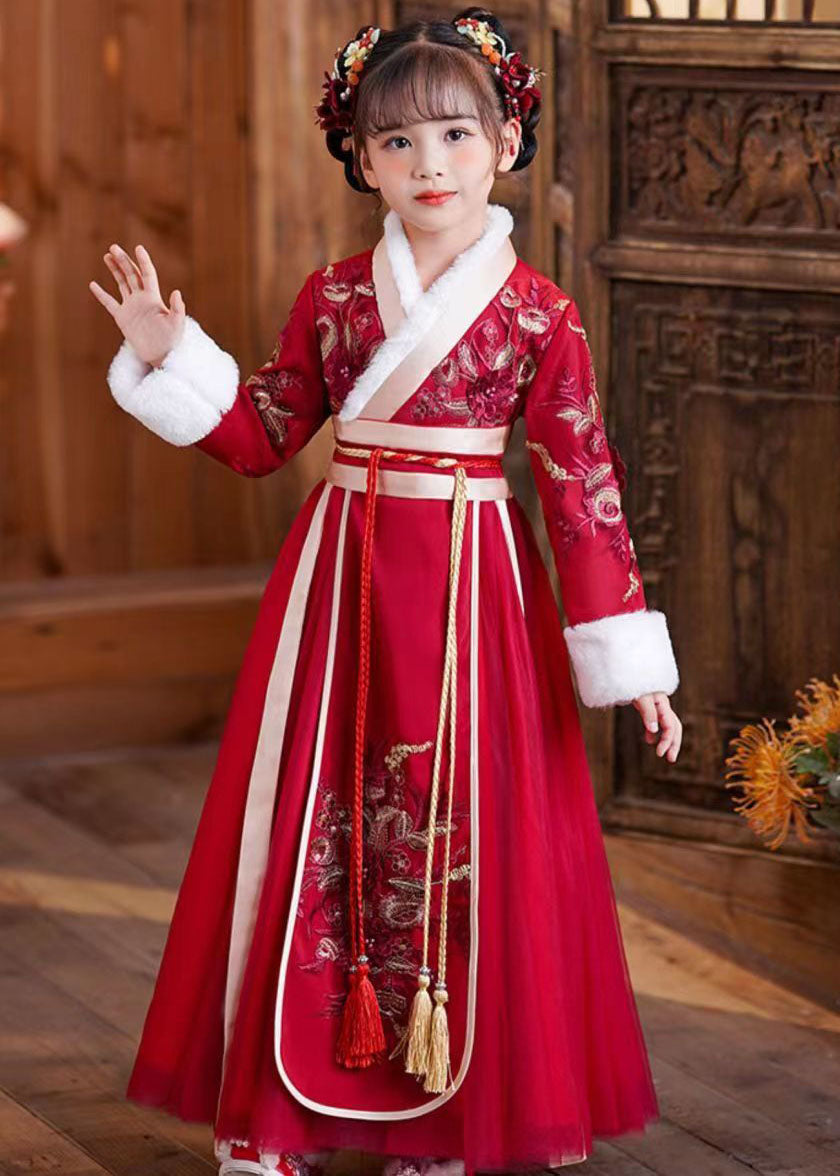 Cute Red Tie Waist Embroidered Patchwork Tulle Kids Maxi Dresses Long Sleeve