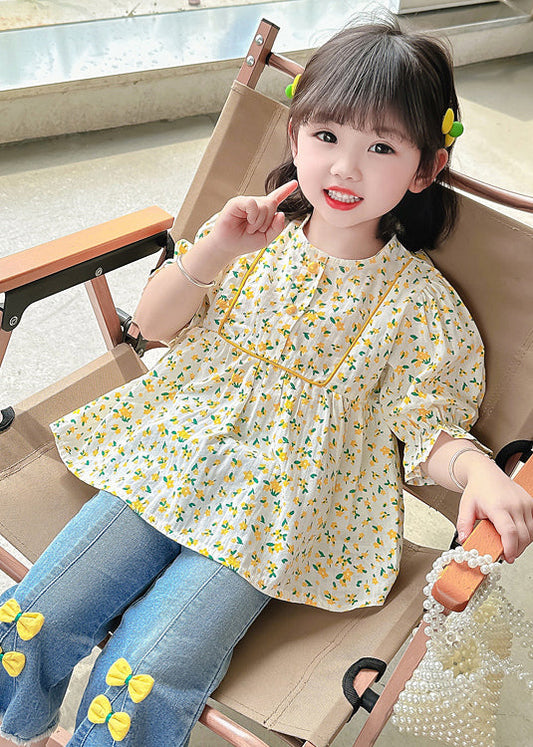 Cute Yellow O-Neck Print Cotton Girls Top Half Sleeve