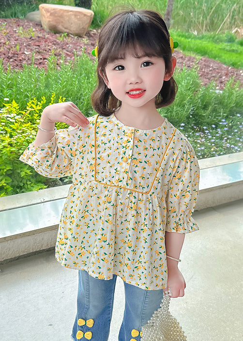 Cute Yellow O-Neck Print Cotton Girls Top Half Sleeve