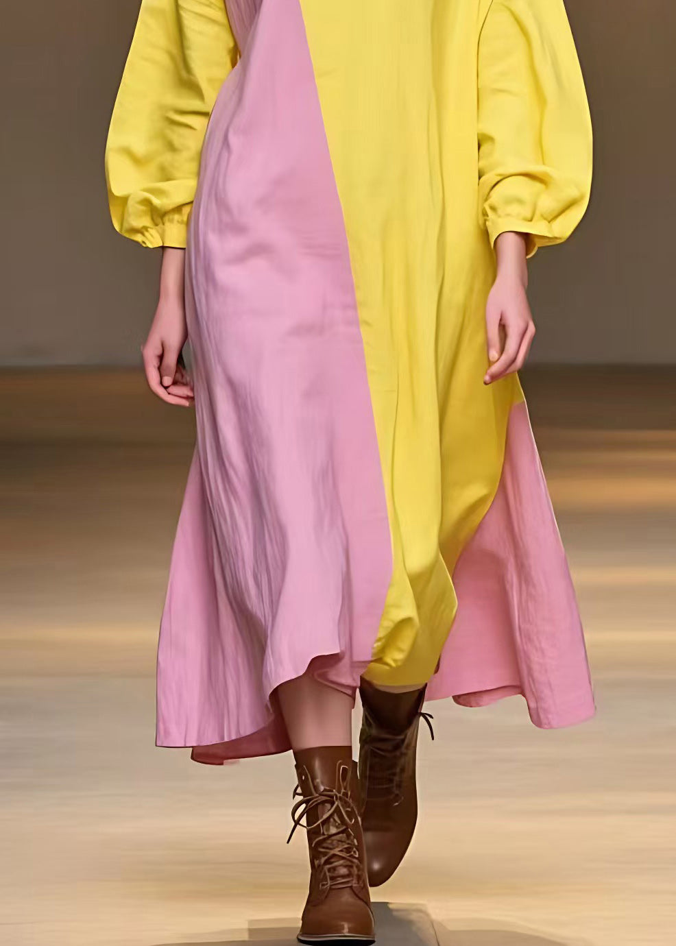 Cute Yellow Turtleneck Patchwork Long Dress Fall