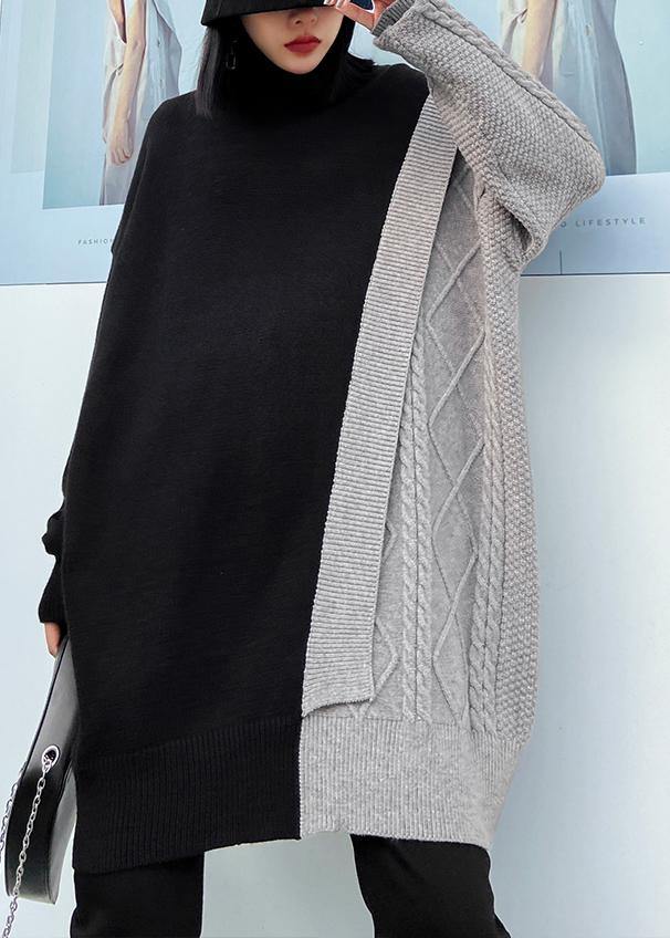 Cute gray clothes For Women high neck patchwork trendy plus size knitwear - SooLinen