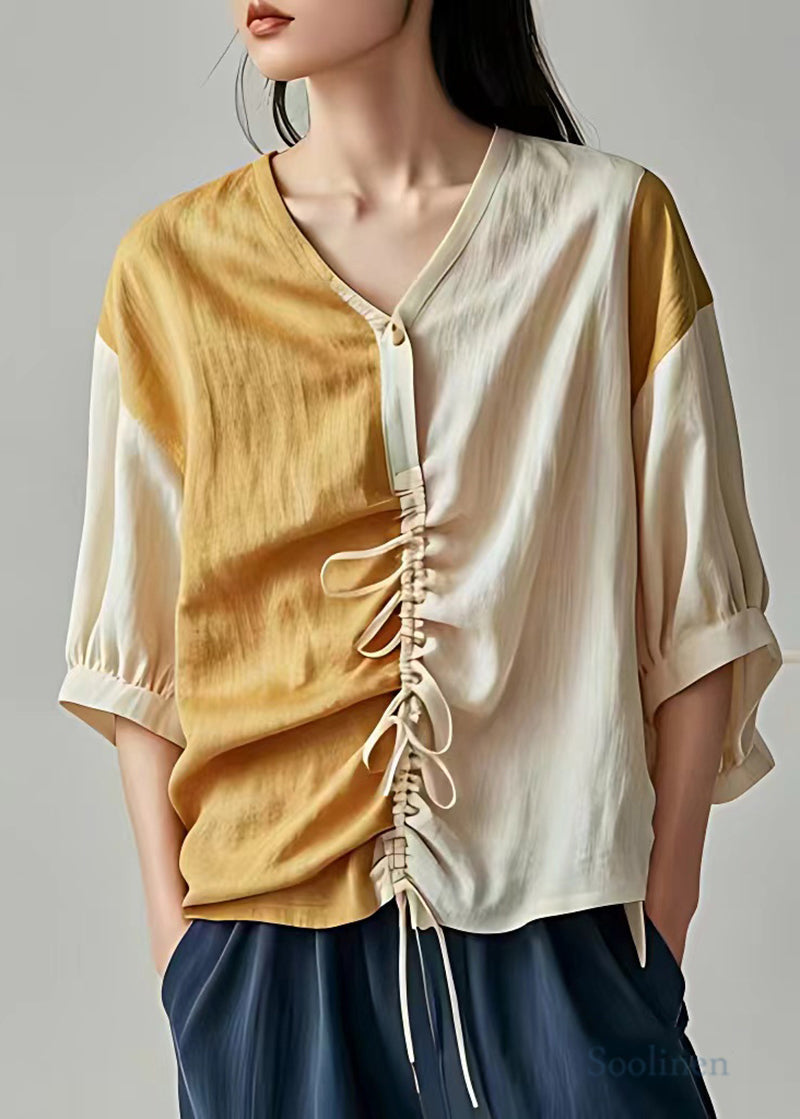 DIY Beige Cinched Asymmetrical Design Linen Blouse Top Summer