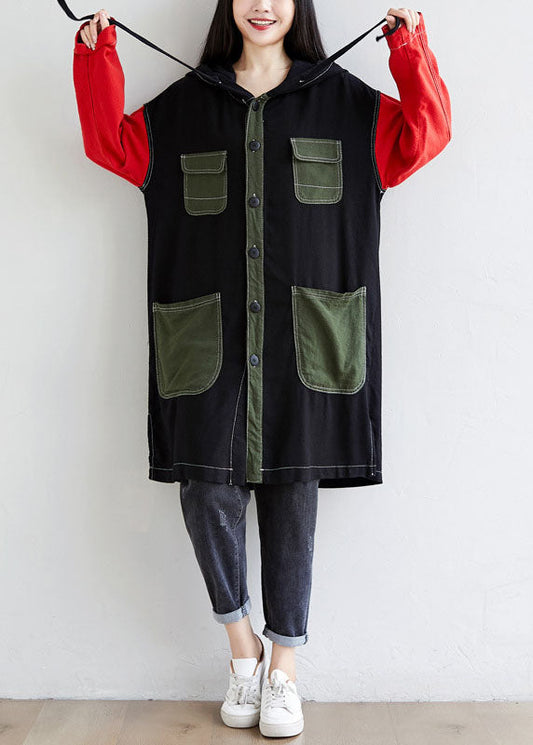 DIY Black Hooded Pockets Patchwork Linen Trench Spring