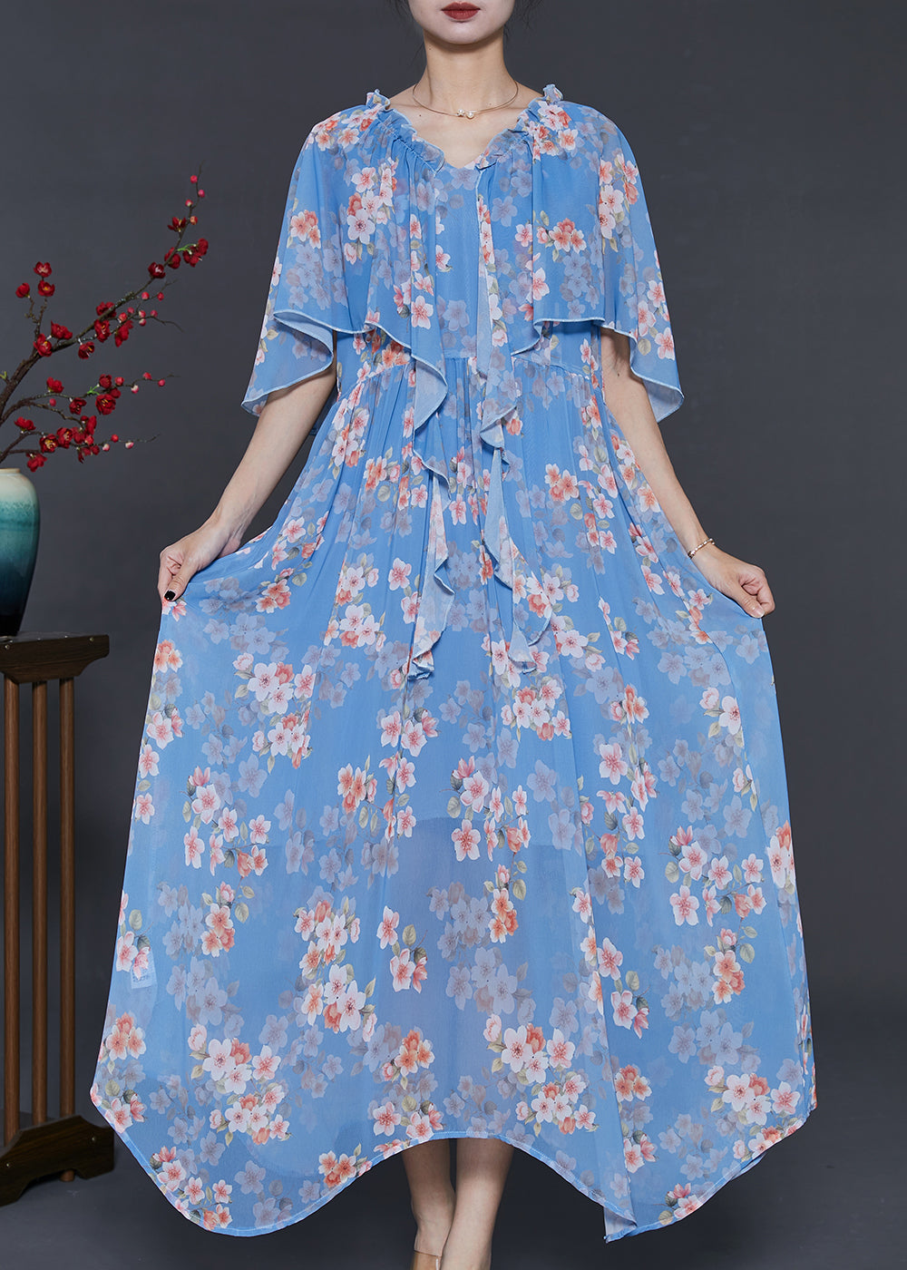 DIY Blue Ruffled Print Chiffon Vacation Dresses Cloak Sleeves