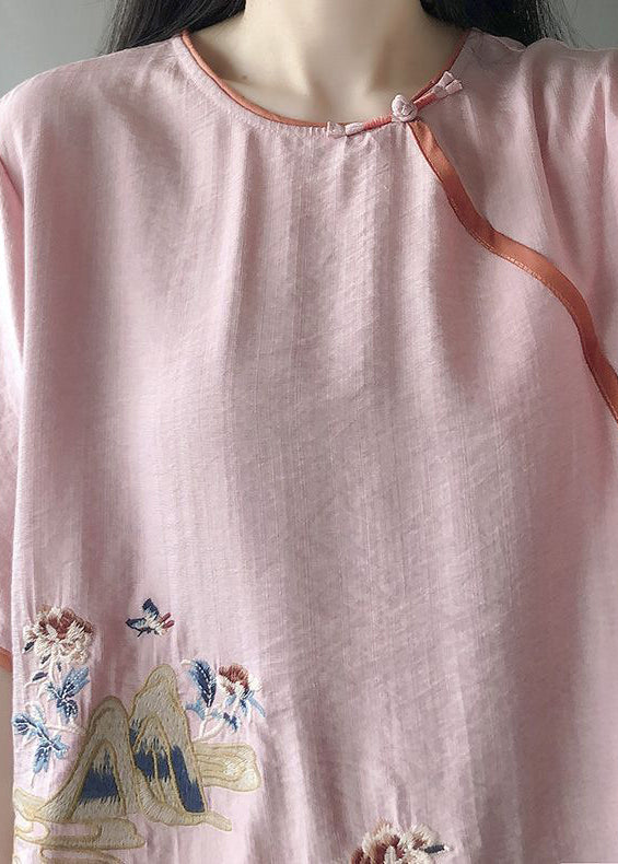 DIY Green Embroidered Chinese Button Cotton Shirt Summer