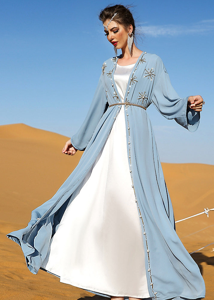 DIY Light Blue V Neck Embroidered Button Maxi Holiday Silk Cardigans Fall