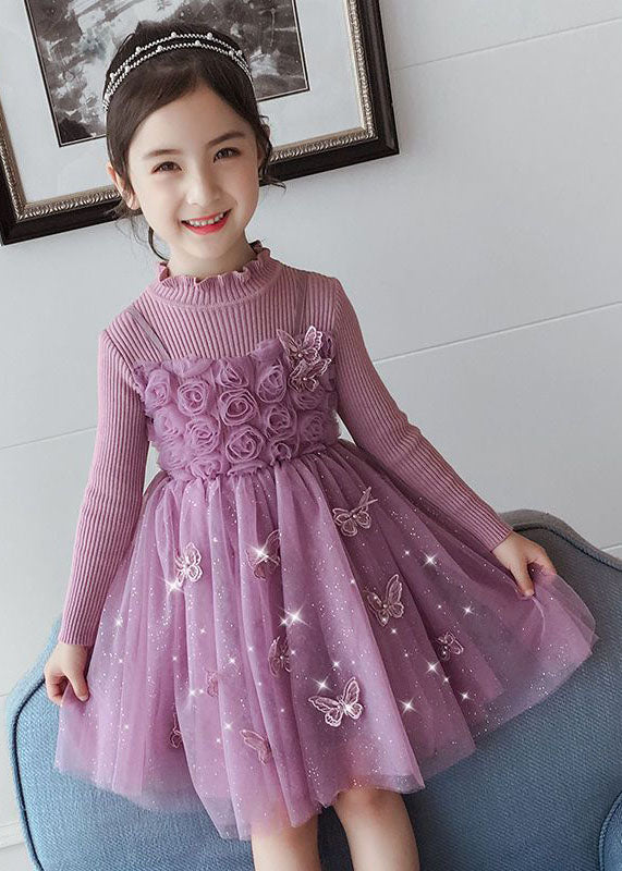 DIY Purple Butterfly Embroidered Floral Patchwork Tulle Girls Long Dresses Fall