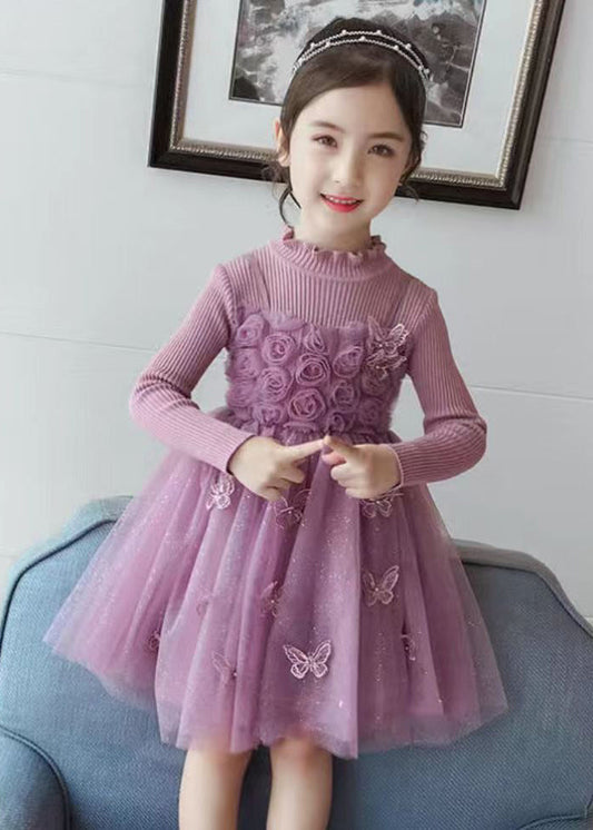 DIY Purple Butterfly Embroidered Floral Patchwork Tulle Girls Long Dresses Fall