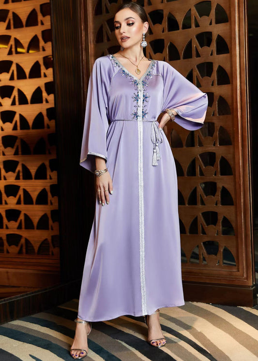 DIY Purple V Neck Patchwork Tie Waist Chiffon Maxi Dress Fall