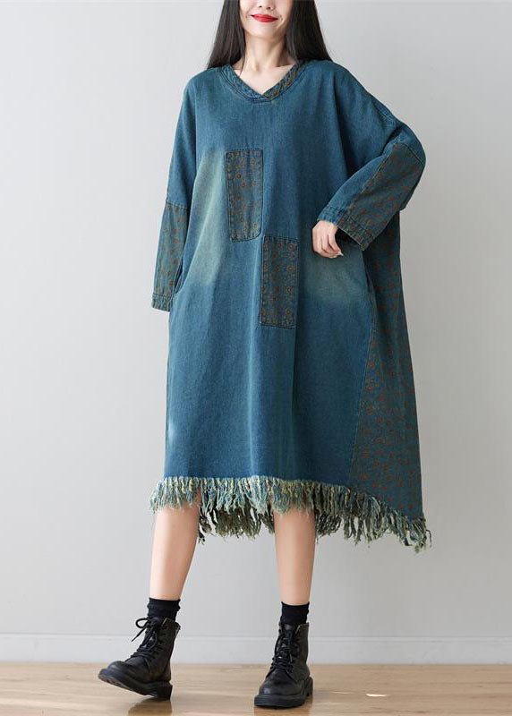 Denim Blue Patchwork Cotton Dress Oversized Applique Spring