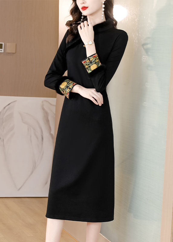 Dinner Black Stand Collar Warm Fleece Mink Hair Maxi Dress Long Sleeve