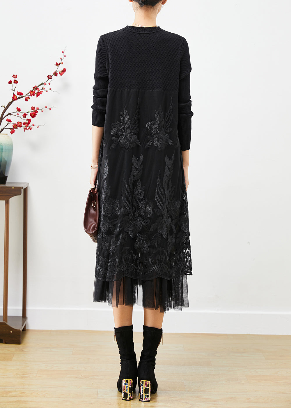 Diy Black Embroidered Patchwork Tulle Knit Long Dress Fall