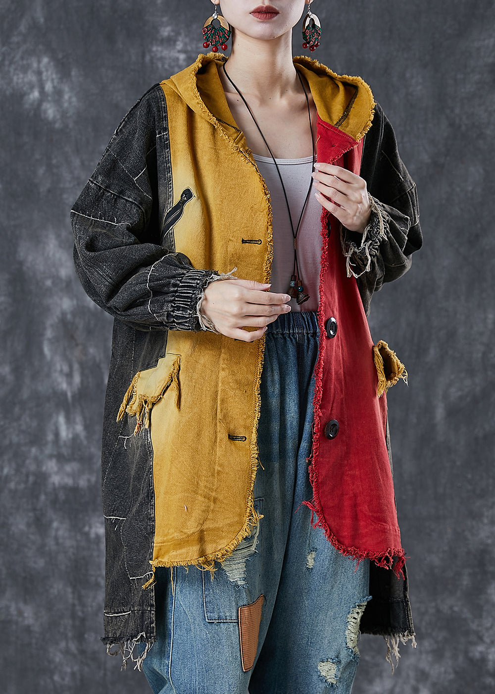 Diy Colorblock Asymmetrical Patchwork Denim Coat Outwear Spring