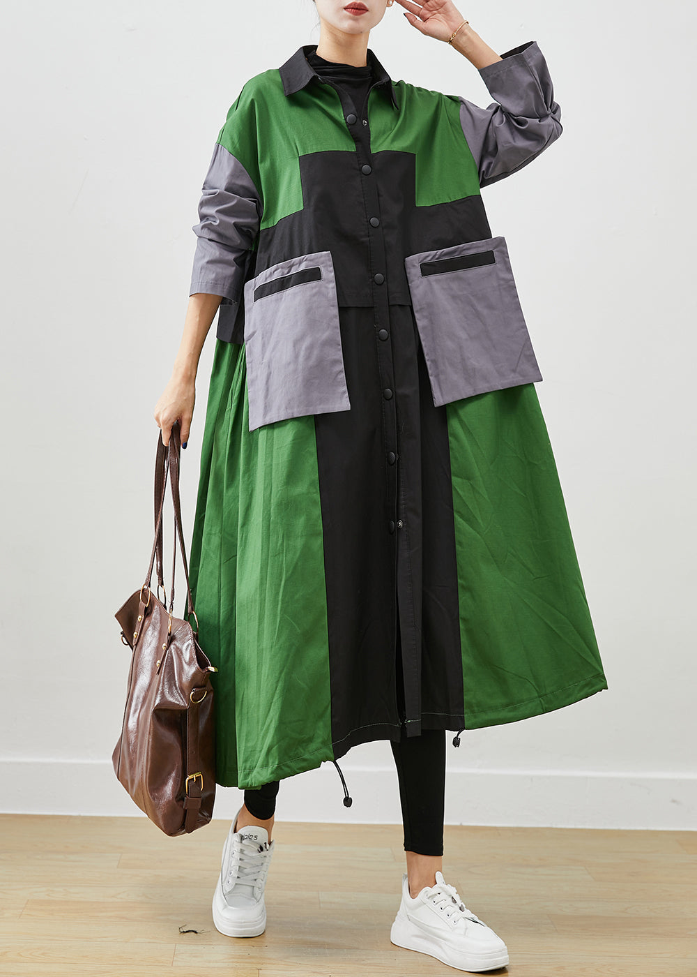 Diy Green Oversized Patchwork Pockets Cotton Coats Fall