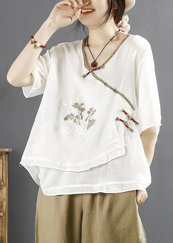 Diy White V Neck Embroidered Linen Tops Half Sleeve