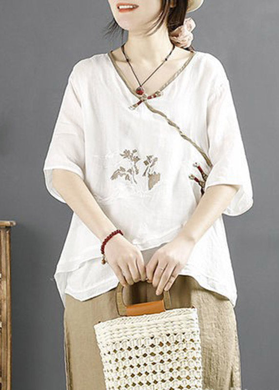 Diy White V Neck Embroidered Linen Tops Half Sleeve