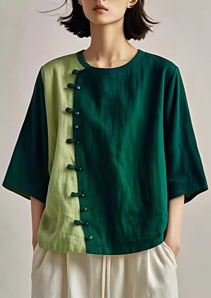 Dull Green Patchwork Linen Blouse Top Chinese Button Summer