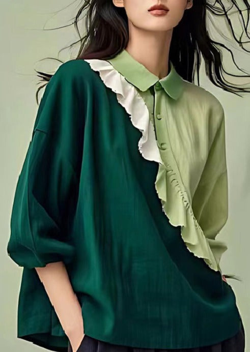 Dull Green Patchwork Linen Shirts Ruffled Spring