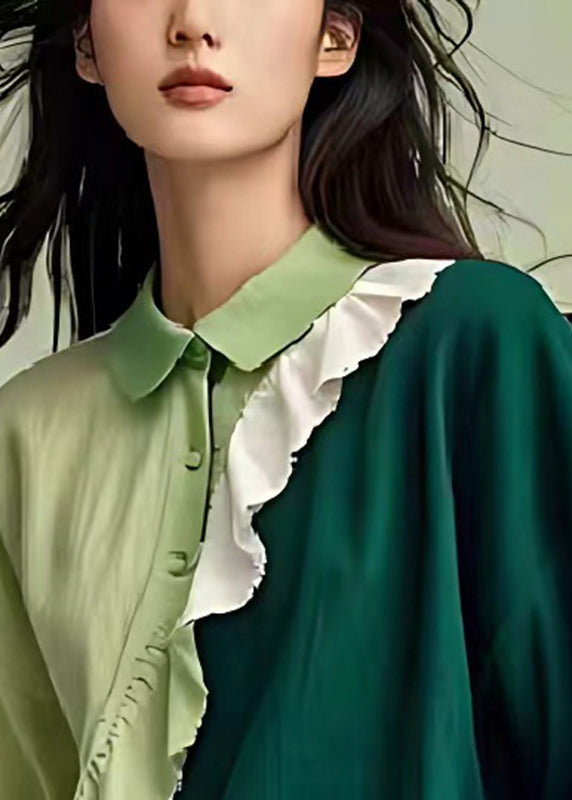 Dull Green Patchwork Linen Shirts Ruffled Spring