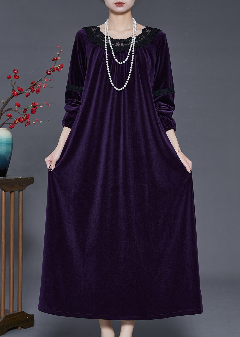 Dull Purple Patchwork Silk Velvet Long Dress Oversized Fall