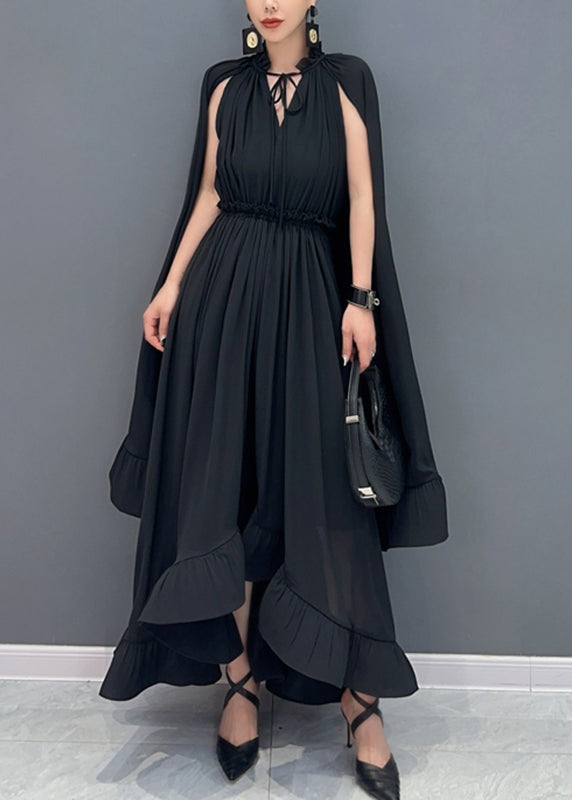 Elegant Apricot Ruffled Patchwork Elastic Waist Chiffon Maxi Dress Summer