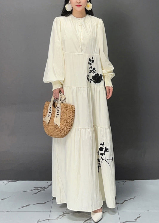 Elegant Beige Button Print Pockets Cotton Dresses Fall