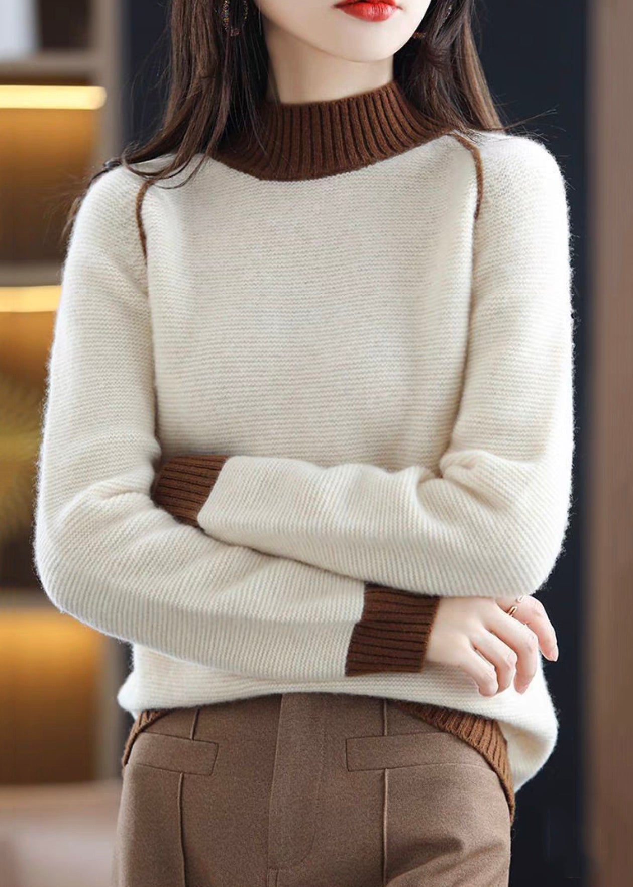 Elegant Beige Turtleneck Cozy Patchwork Wool Knit Sweaters Fall