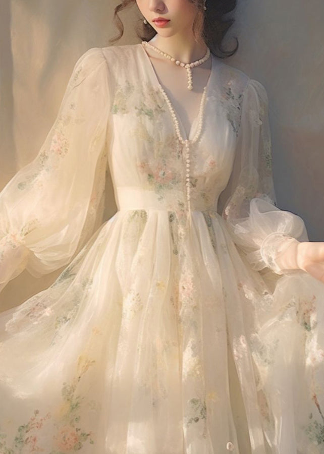 Elegant Beige V Neck High Waist Tulle Maxi Dresses Long Sleeve