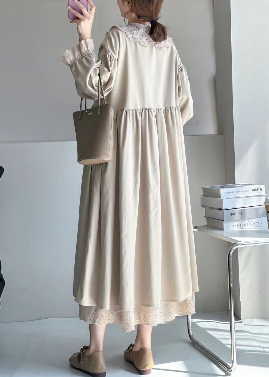 Elegant Beige Wrinkled Lace Patchwork Cotton Dress Spring