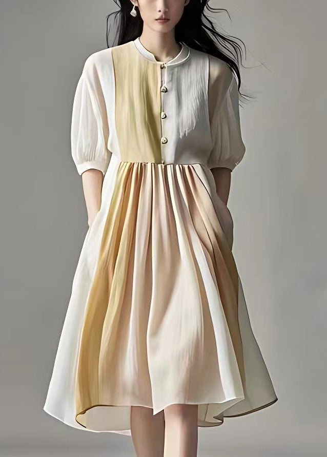 Elegant Beige Wrinkled Pockets Linen Dress Half Sleeve