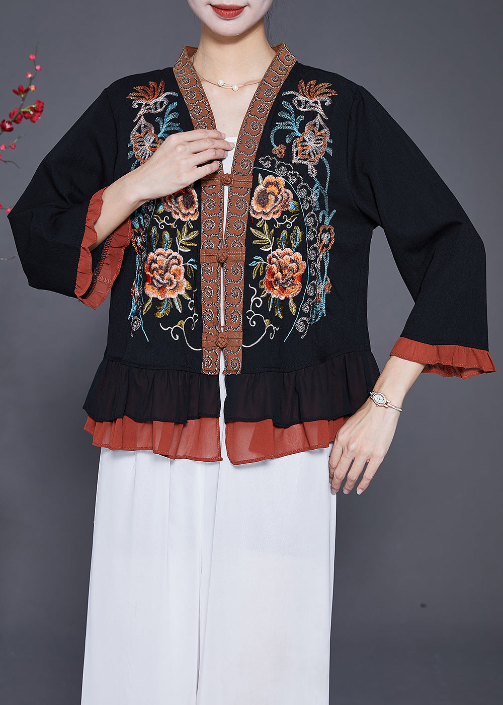 Elegant Black Embroidered Patchwork Ruffles Blouses Fall