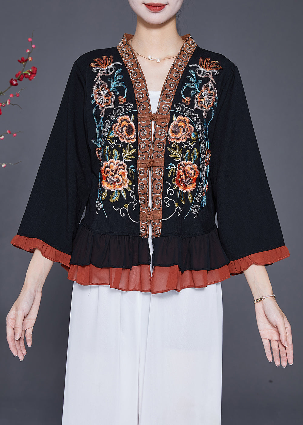 Elegant Black Embroidered Patchwork Ruffles Blouses Fall