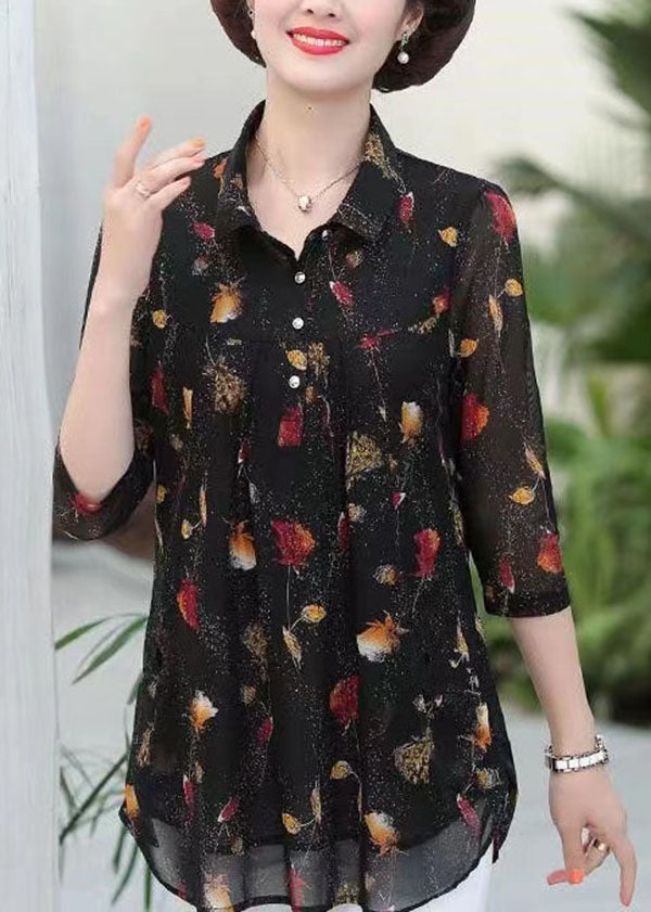 Elegant Black Peter Pan Collar Print Patchwork Silk Shirts Top Summer