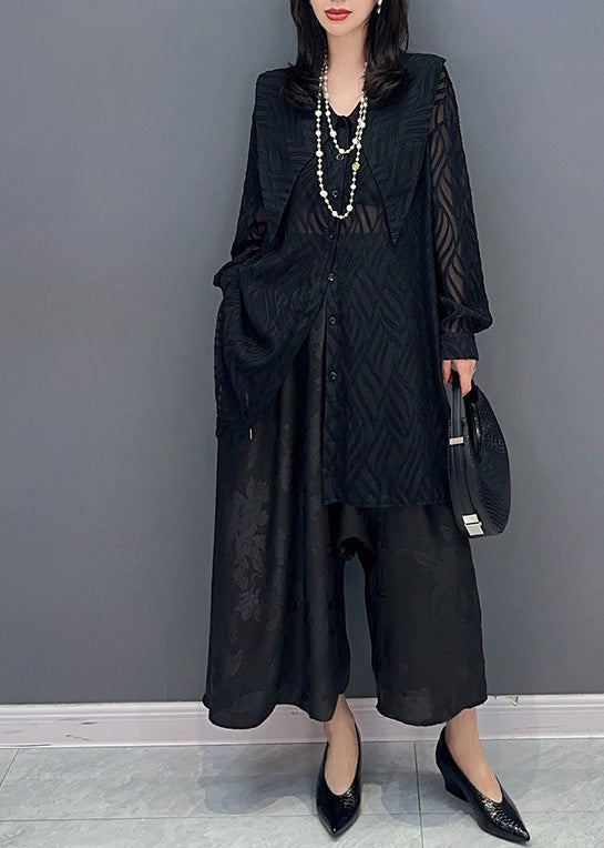 Elegant Black Print Button Chiffon Shirts And Wide Leg Pants Two Pieces Set Summer