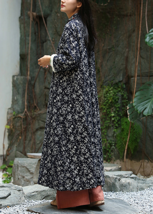 Elegant Black Print Button Patchwork Warm Fleece Maxi Dresses Winter