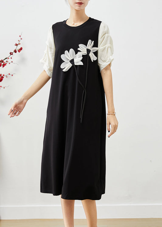 Elegant Black Puff Sleeve Patchwork Floral Applique Spandex Dress