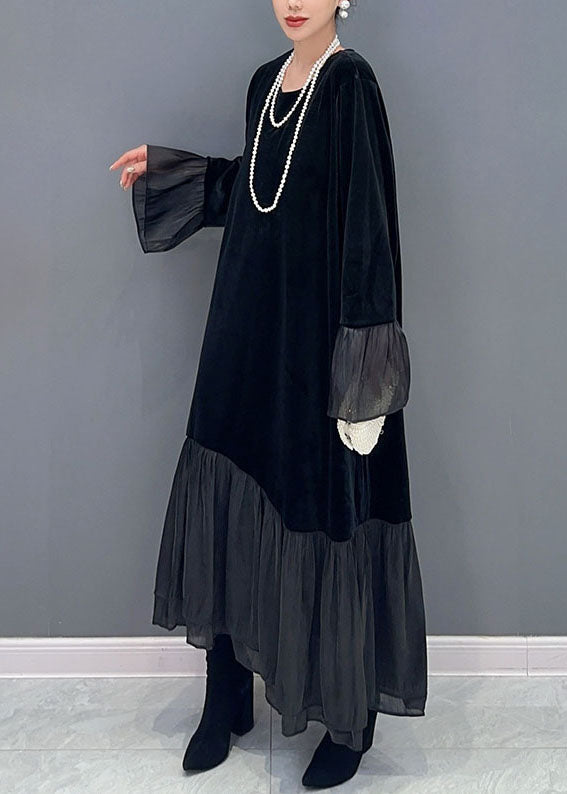 Elegant Black Tulle Patchwork Silk Velour Maxi Dress Fall