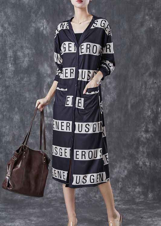 Elegant Black V Neck Letter Print Cotton Dresses Spring