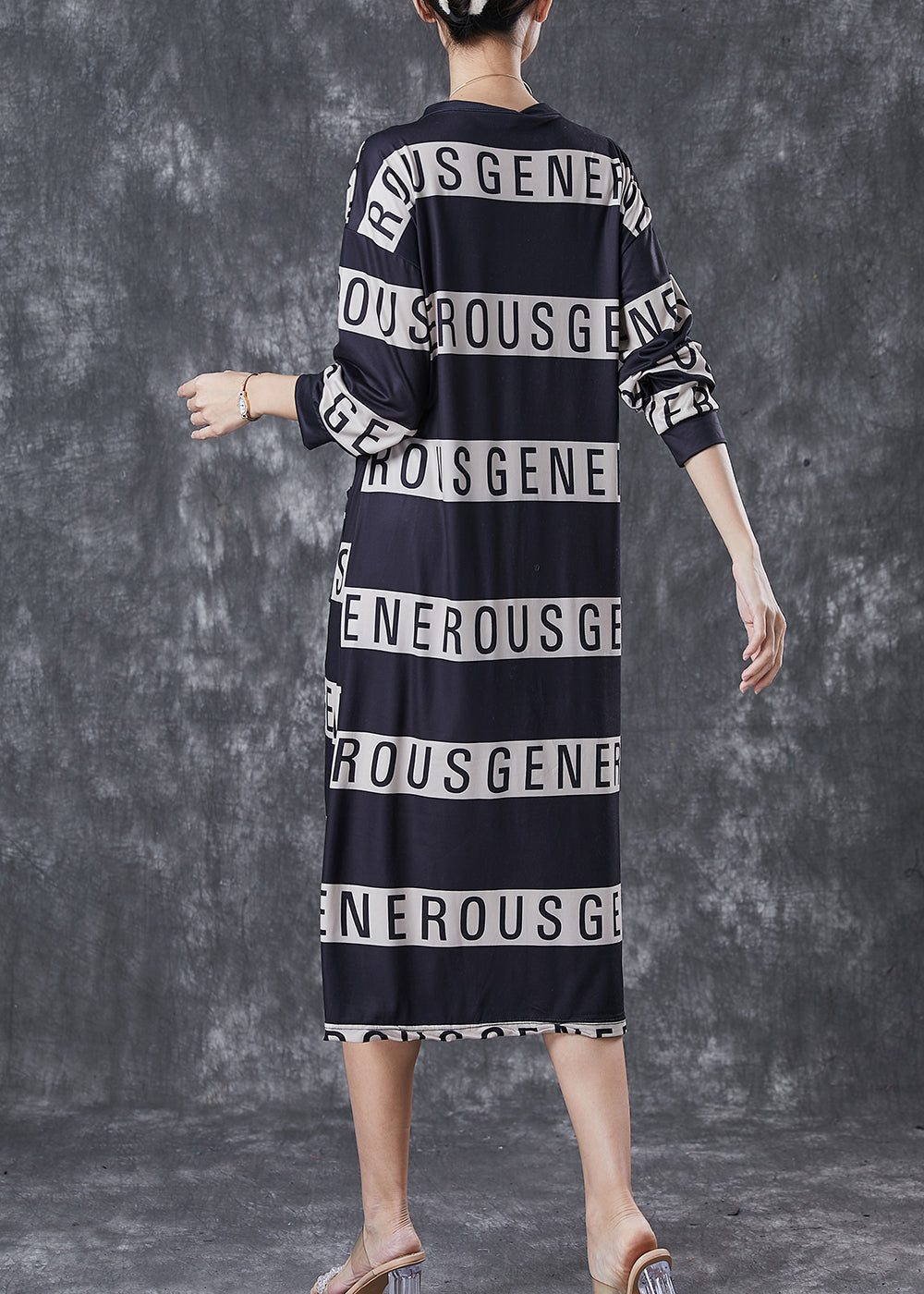 Elegant Black V Neck Letter Print Cotton Dresses Spring