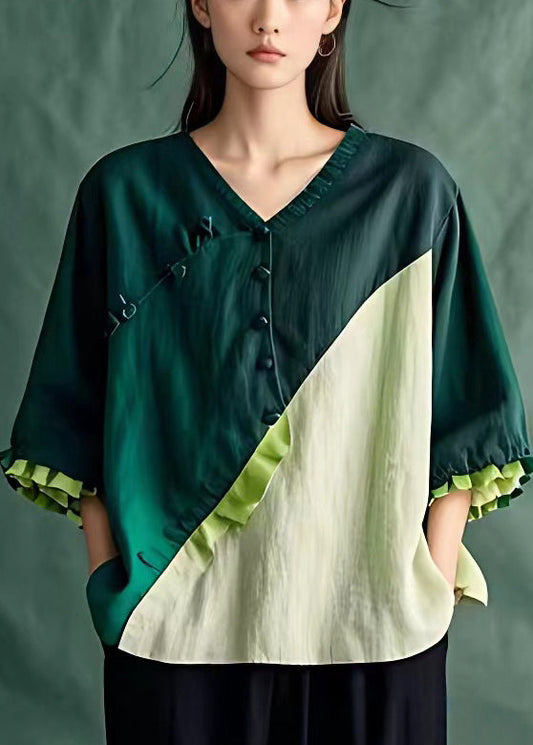 Elegant Blackish Green Button Patchwork Linen Top Butterfly Sleeve