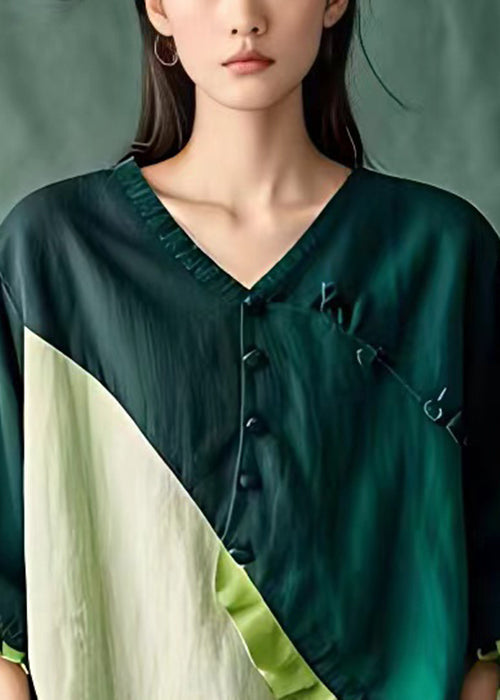 Elegant Blackish Green Button Patchwork Linen Top Butterfly Sleeve