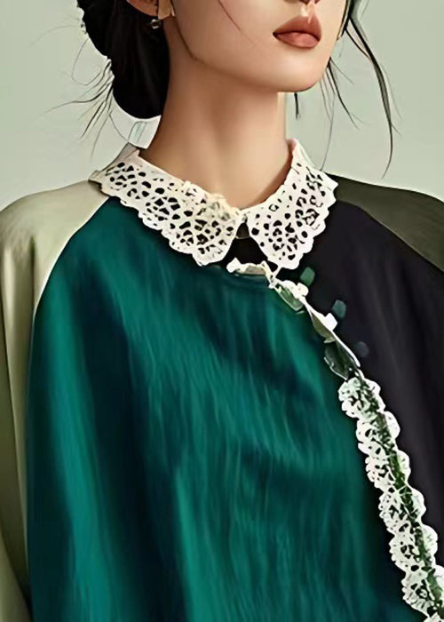 Elegant Blackish Green Peter Pan Collar Hollow Out Linen Blouse Long Sleeve