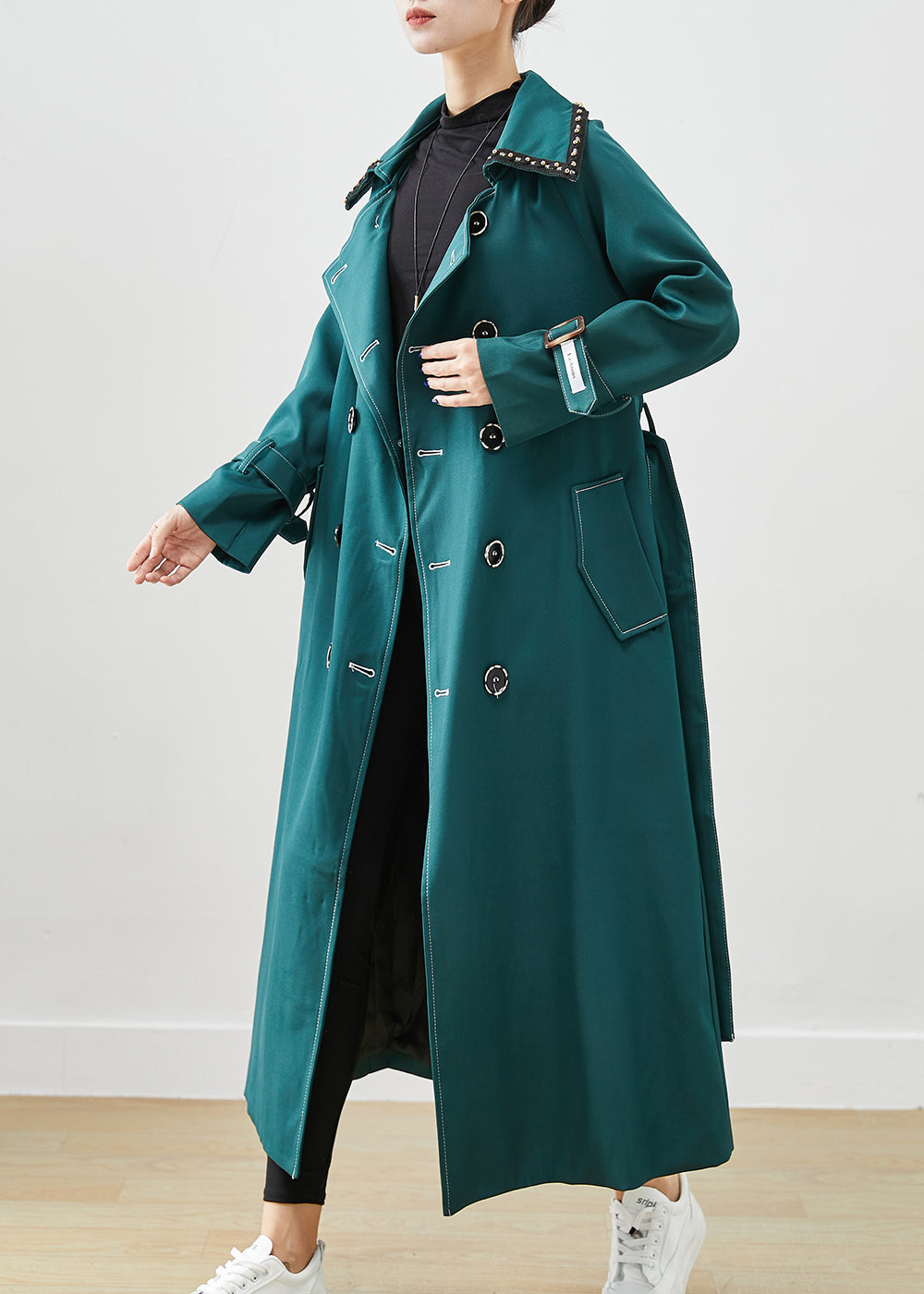 Elegant Blacksih Green Double Breast Pockets Cotton Coats Fall