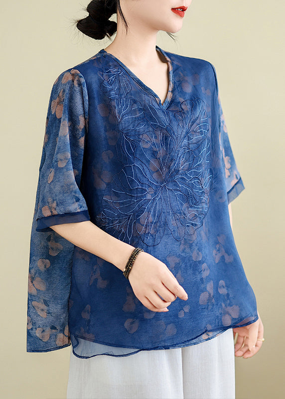 Elegant Blue Embroidered Floral T Shirts Summer