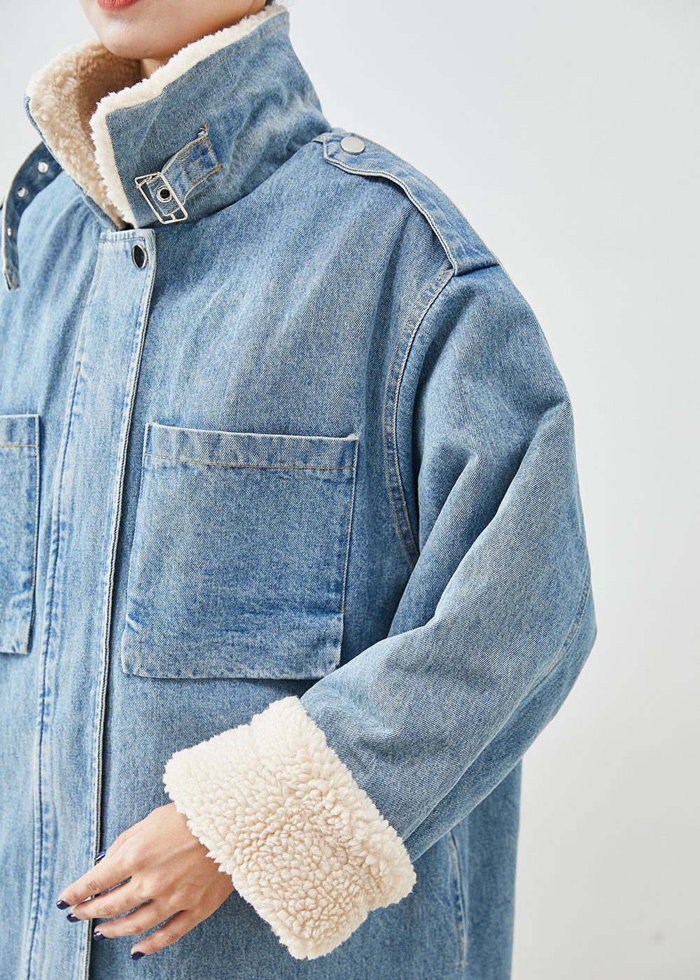 Elegant Blue Oversized Pockets Fleece Wool Lined Denim Trench Fall