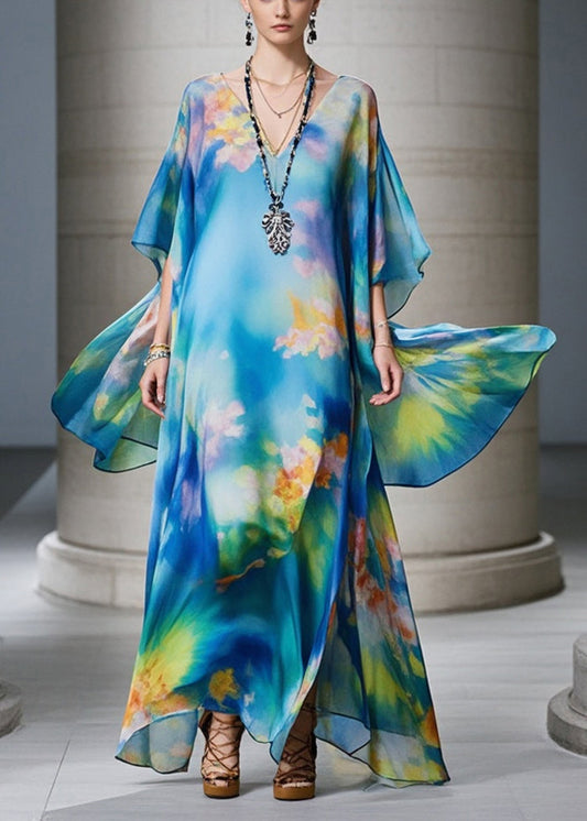 Elegant Blue Oversized Print Chiffon Beach Dress Summer