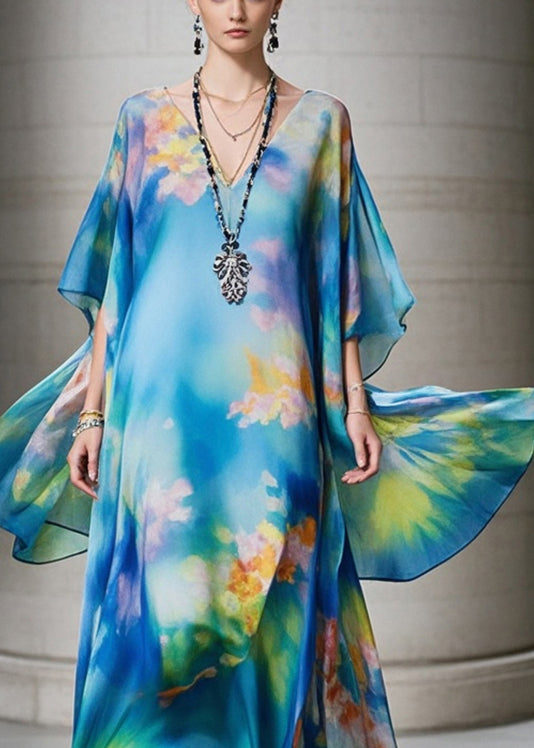 Elegant Blue Oversized Print Chiffon Beach Dress Summer